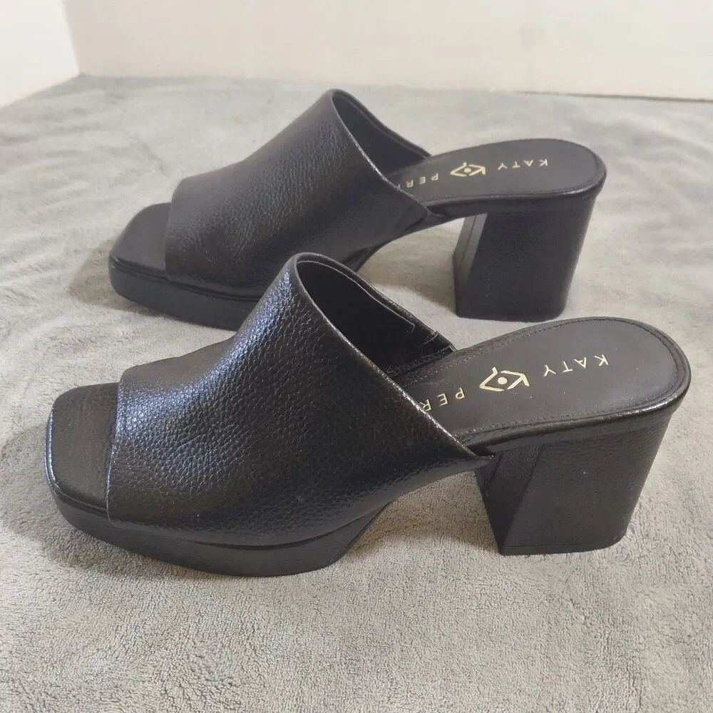 Katy Perry The Surrprise Platform Slide Sandals Womens 7.5M Black Faux Leather